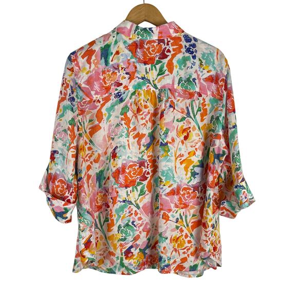 Chico's No Iron Watercolor Floral Button Front Shirt 100% Linen Women's 4 US 20 - Picture 2 of 9